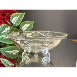 Sterling Silver Overlay Clear Glass Footed Bowl – Floral Etched Tri-Foot Dish